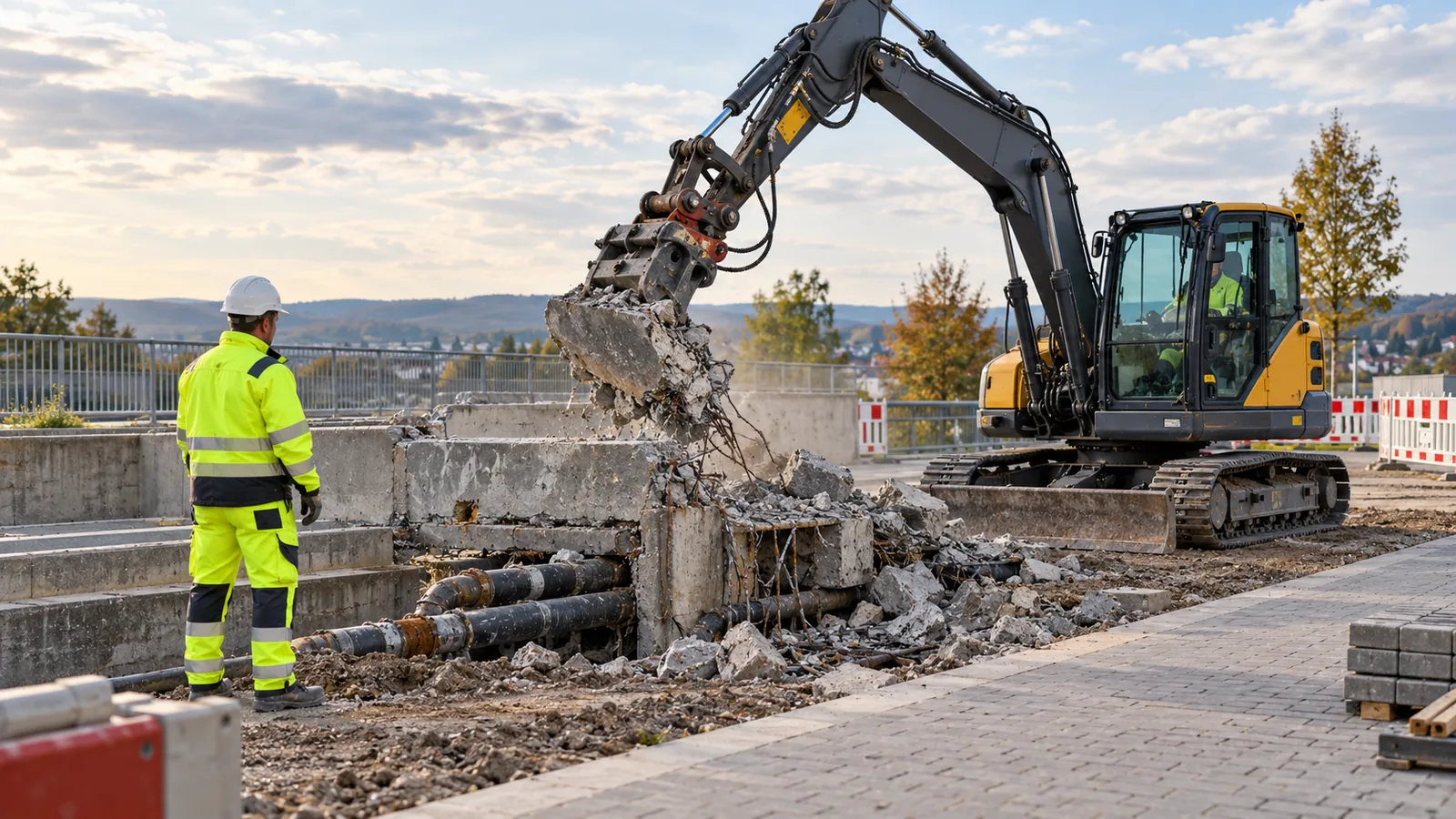 Bagger demontiert alte Beton- und Leitungselemente