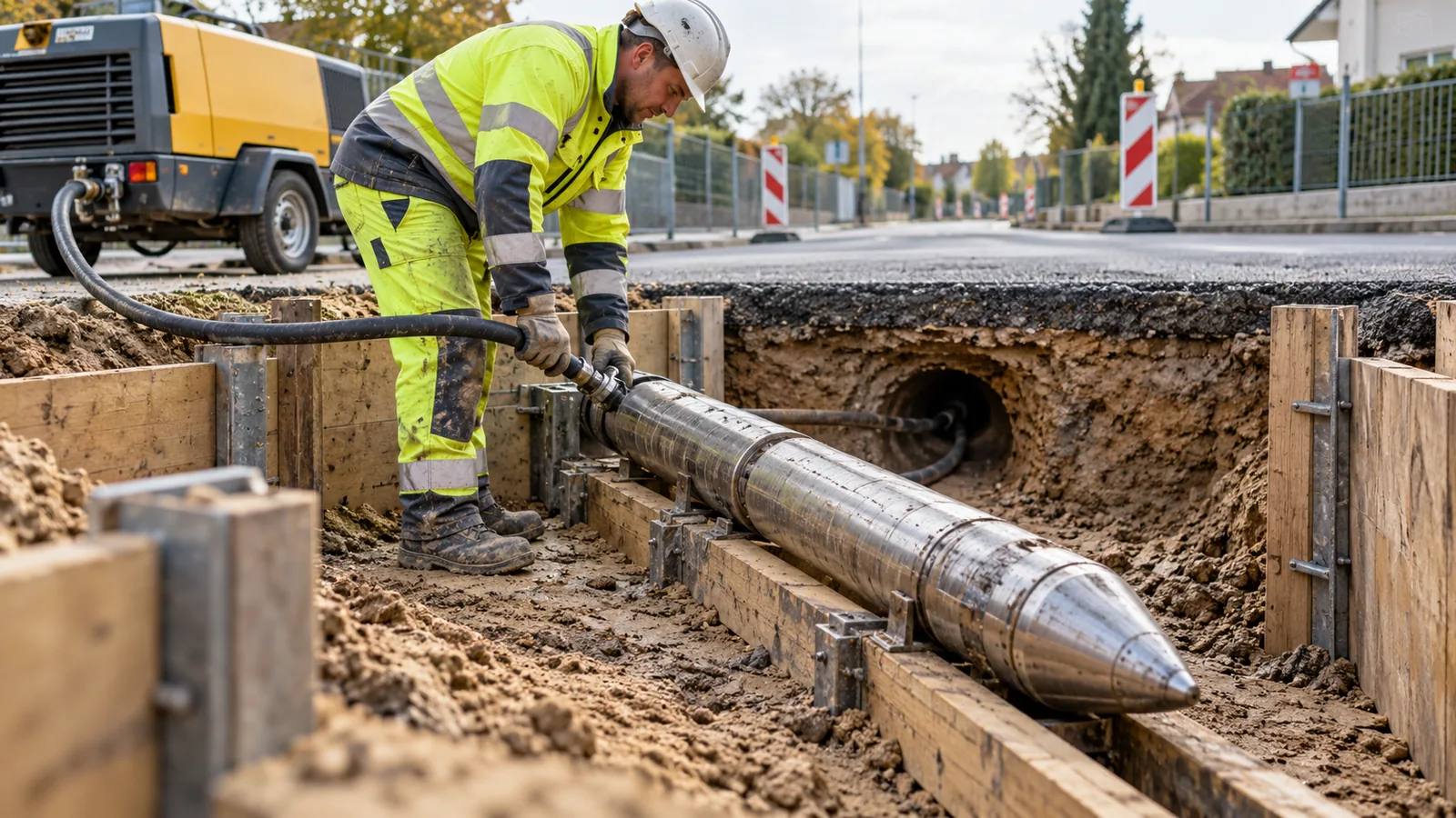 Erdrakete im Startschacht für grabenlosen Vorantrieb